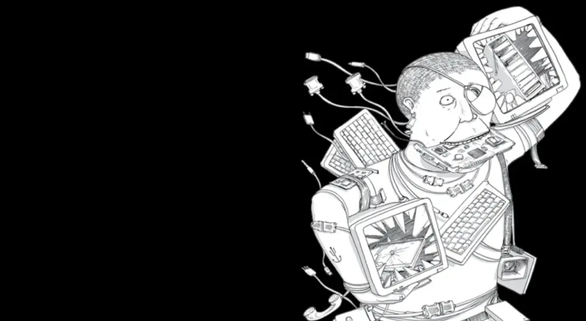 Ilustración de tapa del libro +Kaos. 10 anni di hacking e mediattivismo